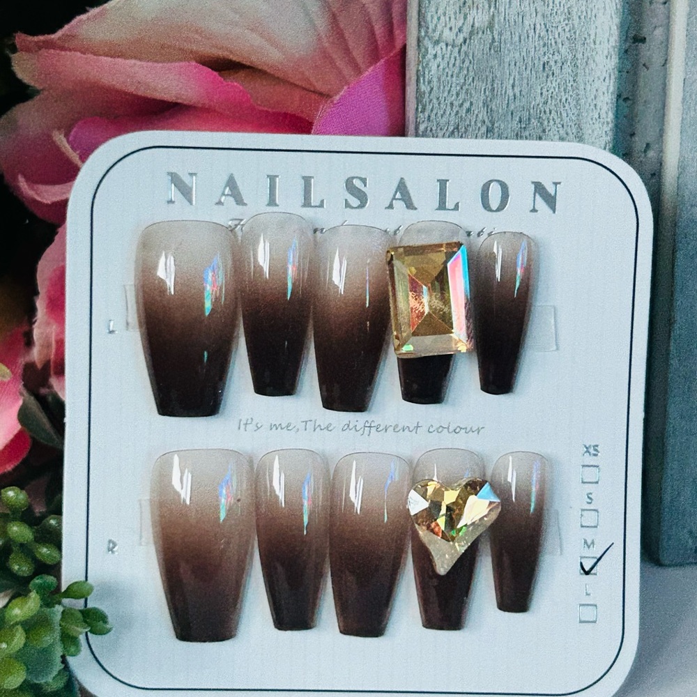 Brown Ombre False Nails with Gem Accents